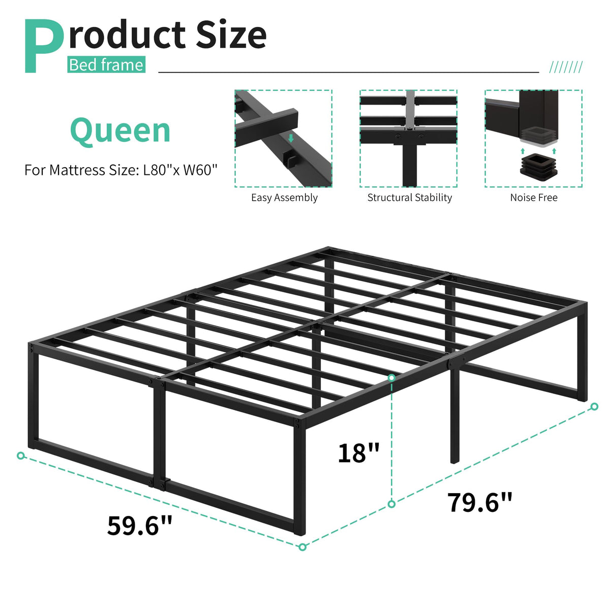 Queen Bed Frame 18 Inch with Steel Slat Support A175