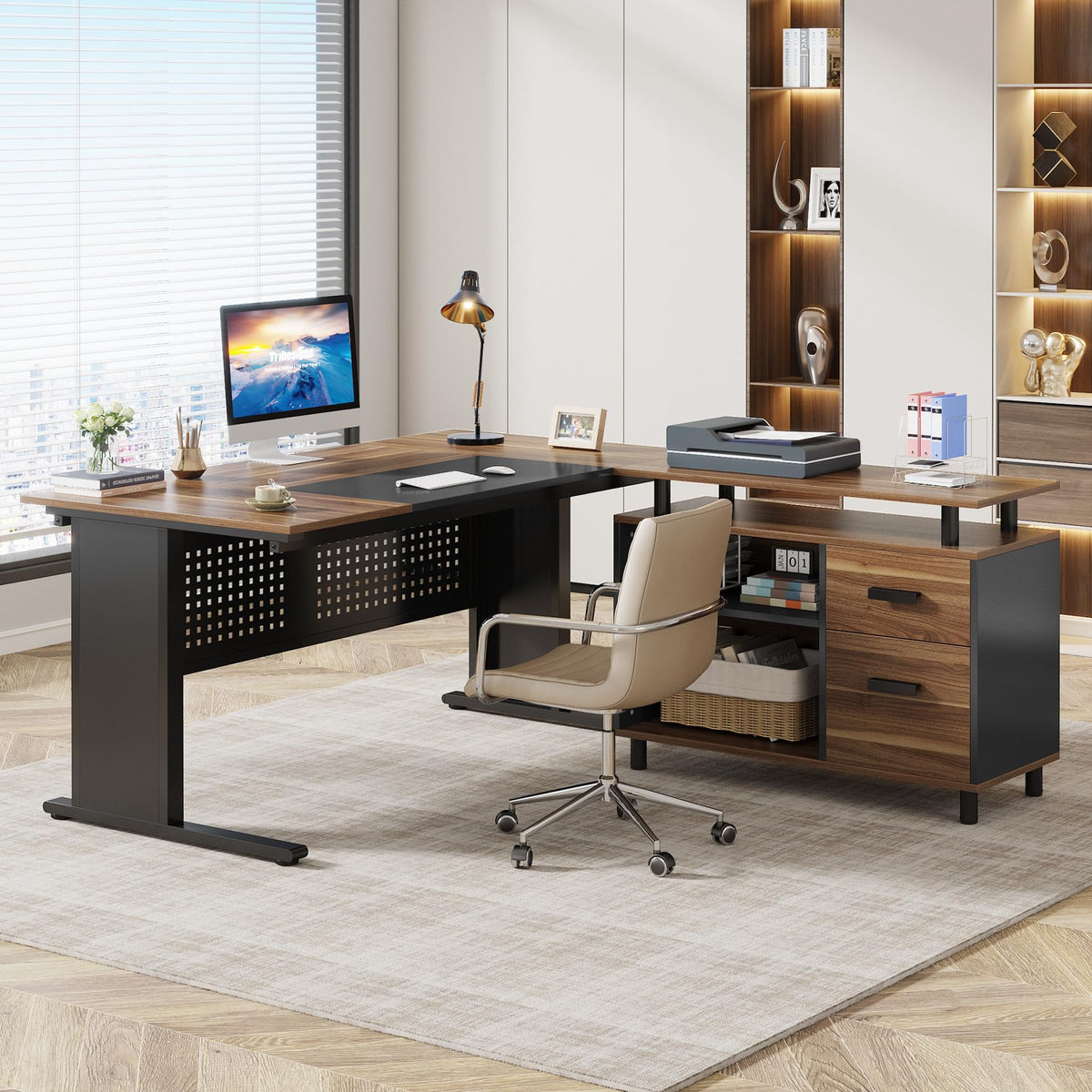 63 Inch L Shaped Computer Desk with File Cabinet and Storage Shelves N76537