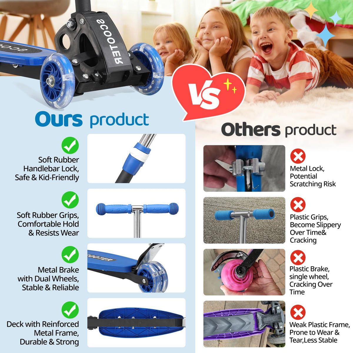 3 Wheel Kids Kick Scooter with Light-Up Wheels and Adjustable Handlebar L982