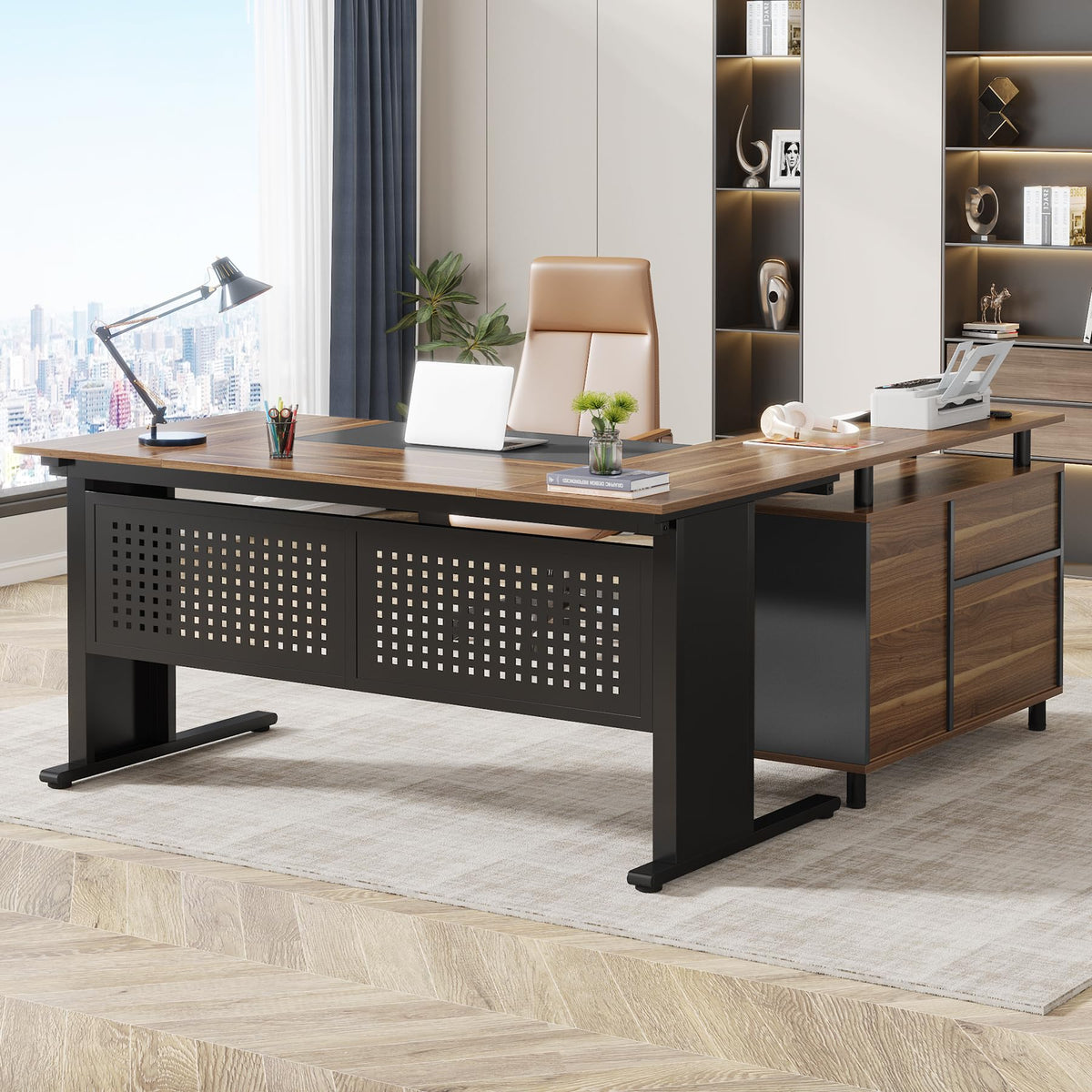63 Inch L Shaped Computer Desk with File Cabinet and Storage Shelves N76537