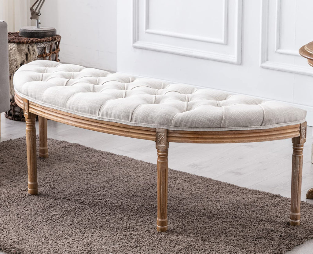 55" Upholstered Tufted Fabric Bench with Rubber Wood Legs, Beige B4409