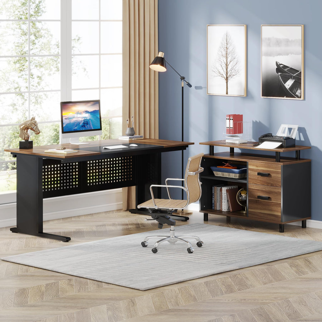 63 Inch L Shaped Computer Desk with File Cabinet and Storage Shelves N76537