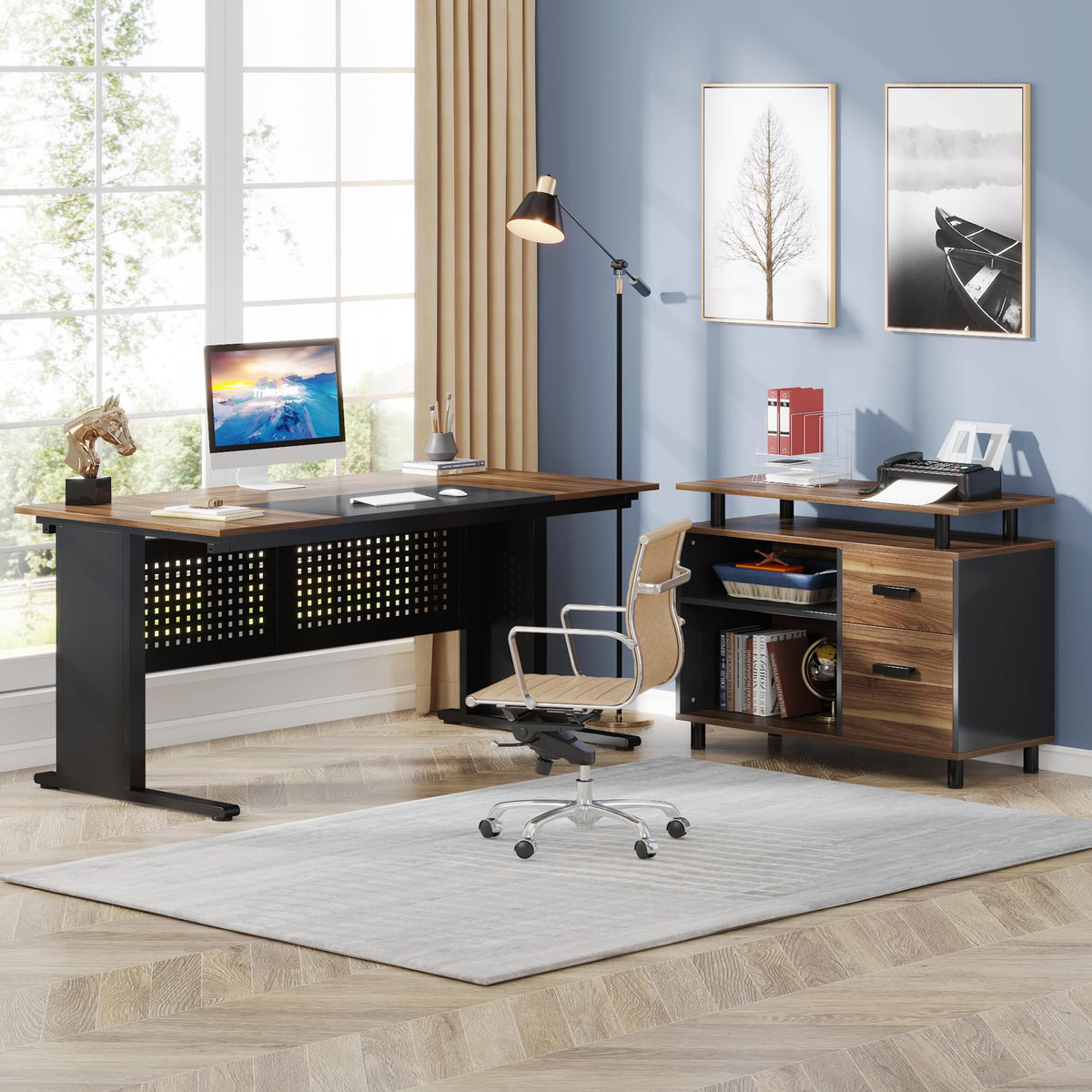 63 Inch L Shaped Computer Desk with File Cabinet and Storage Shelves N76537