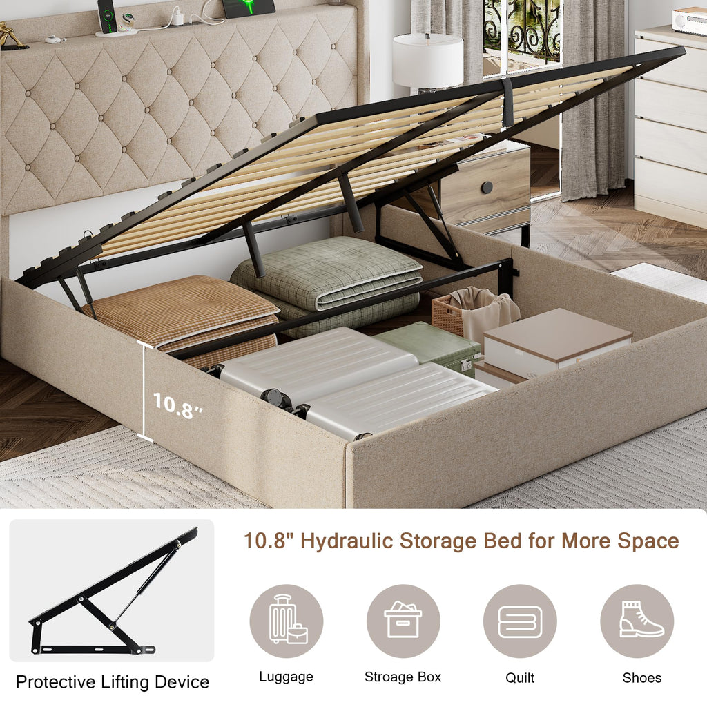 Queen Size Lift Up Storage Upholstered Bed Frame with Charging Station K68663