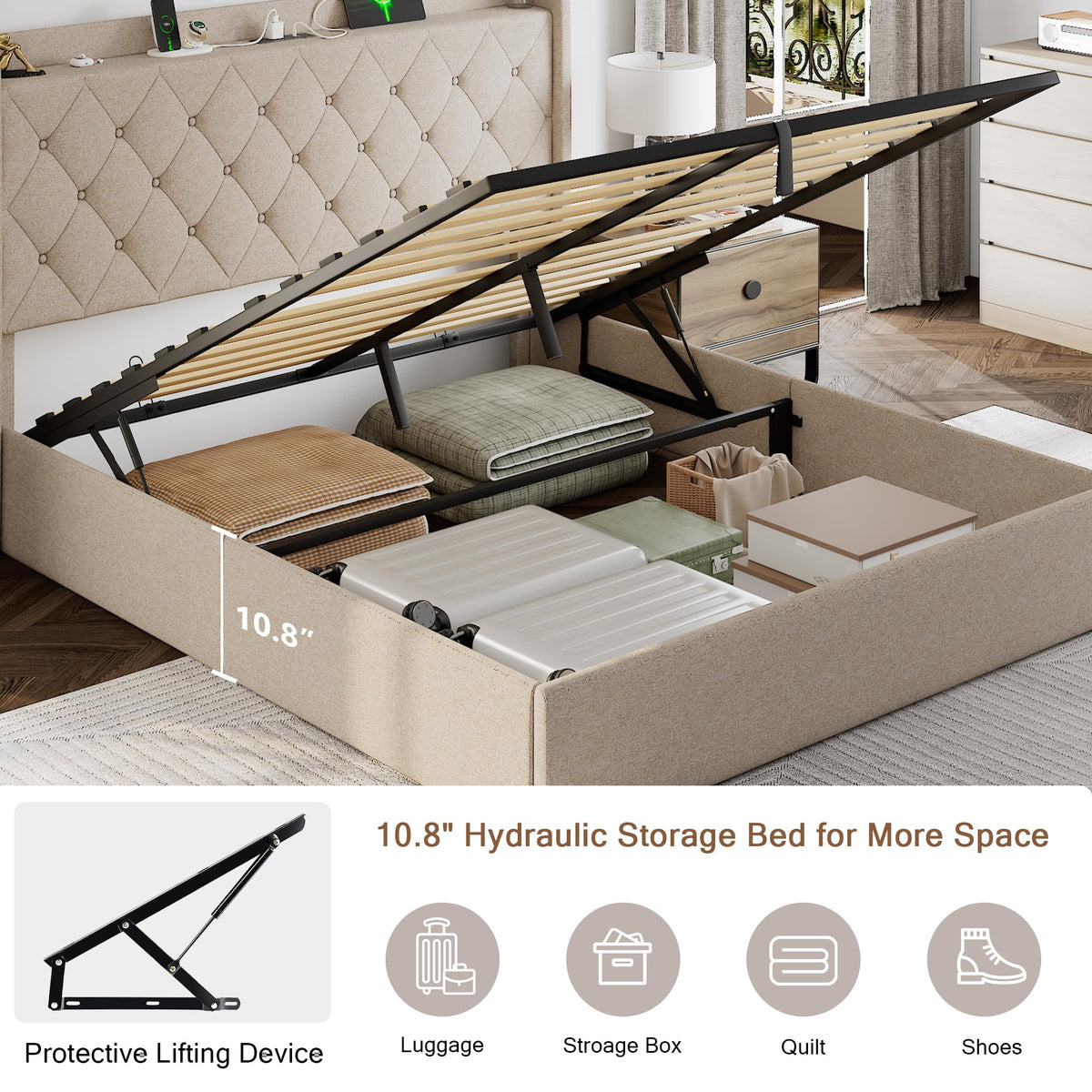 Queen Size Lift Up Storage Upholstered Bed Frame with Charging Station K68663