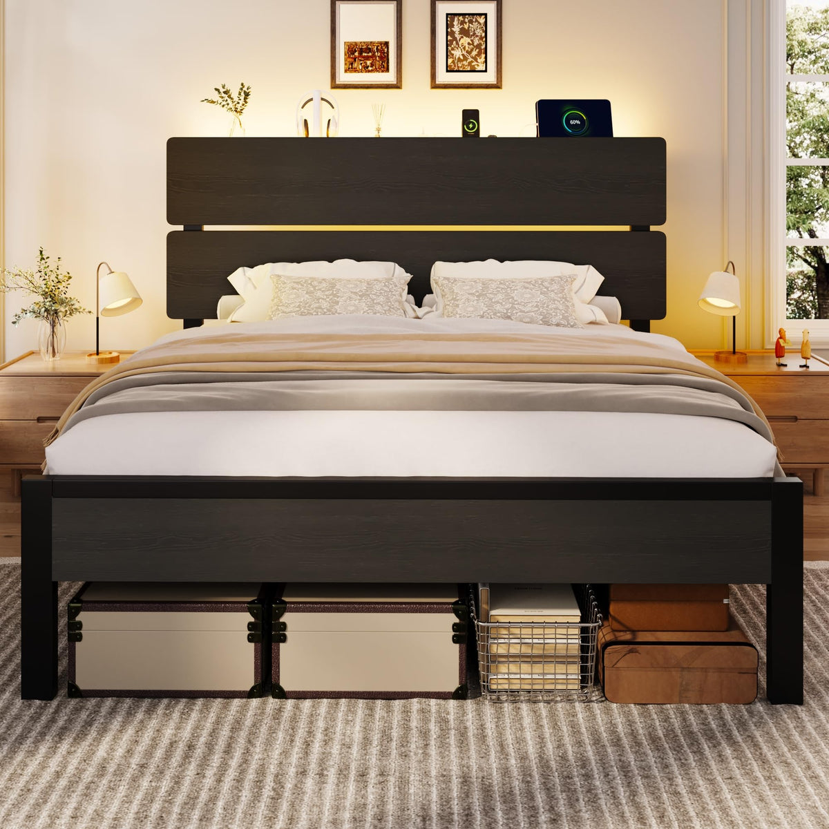 Full Size Bed Frame with Charging Station Z5091