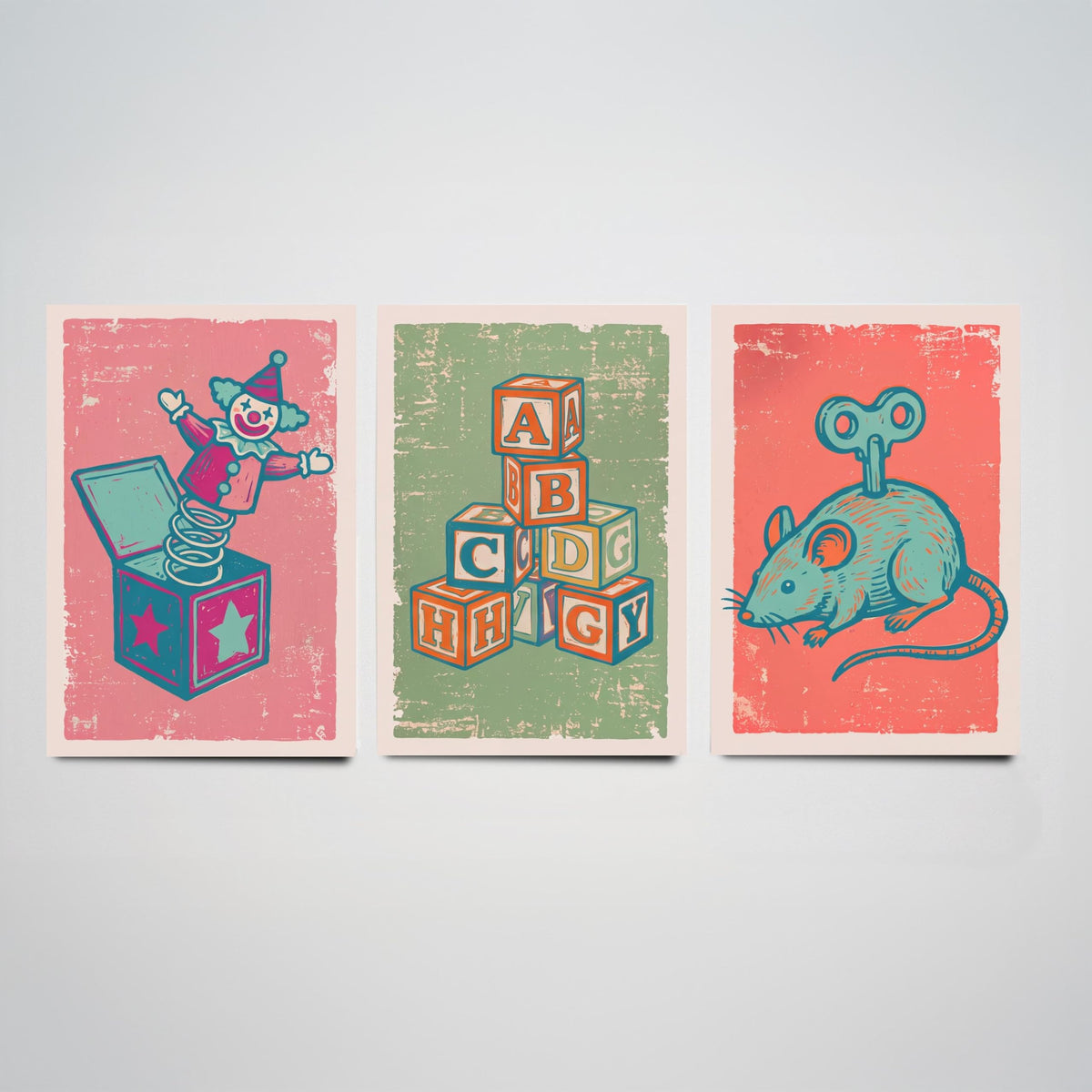 Art Prints Set of 3 Retro Linocut Style R416