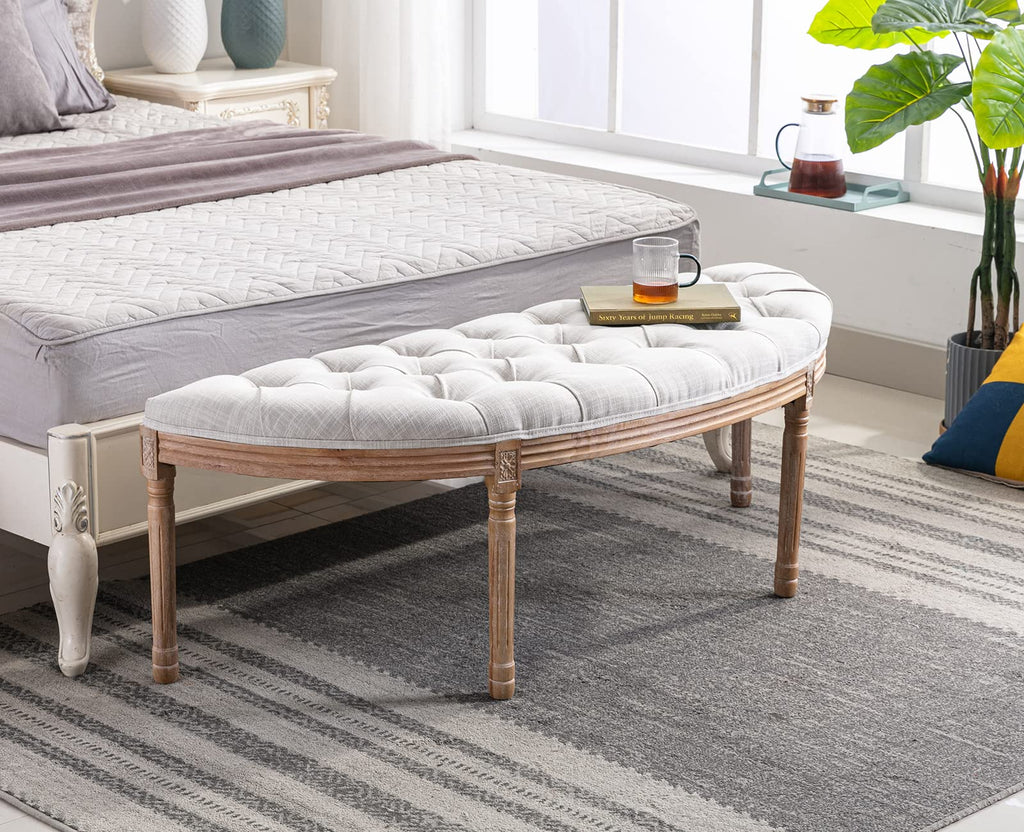 55" Upholstered Tufted Fabric Bench with Rubber Wood Legs, Beige B4409