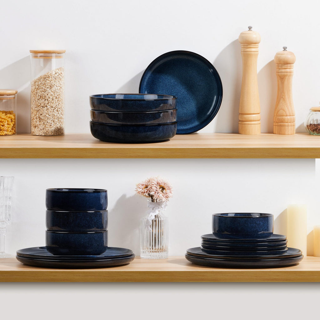 Stoneware Pasta Bowls Set of 4, 35oz Ceramic Bowls, Sapphire Blue V77626