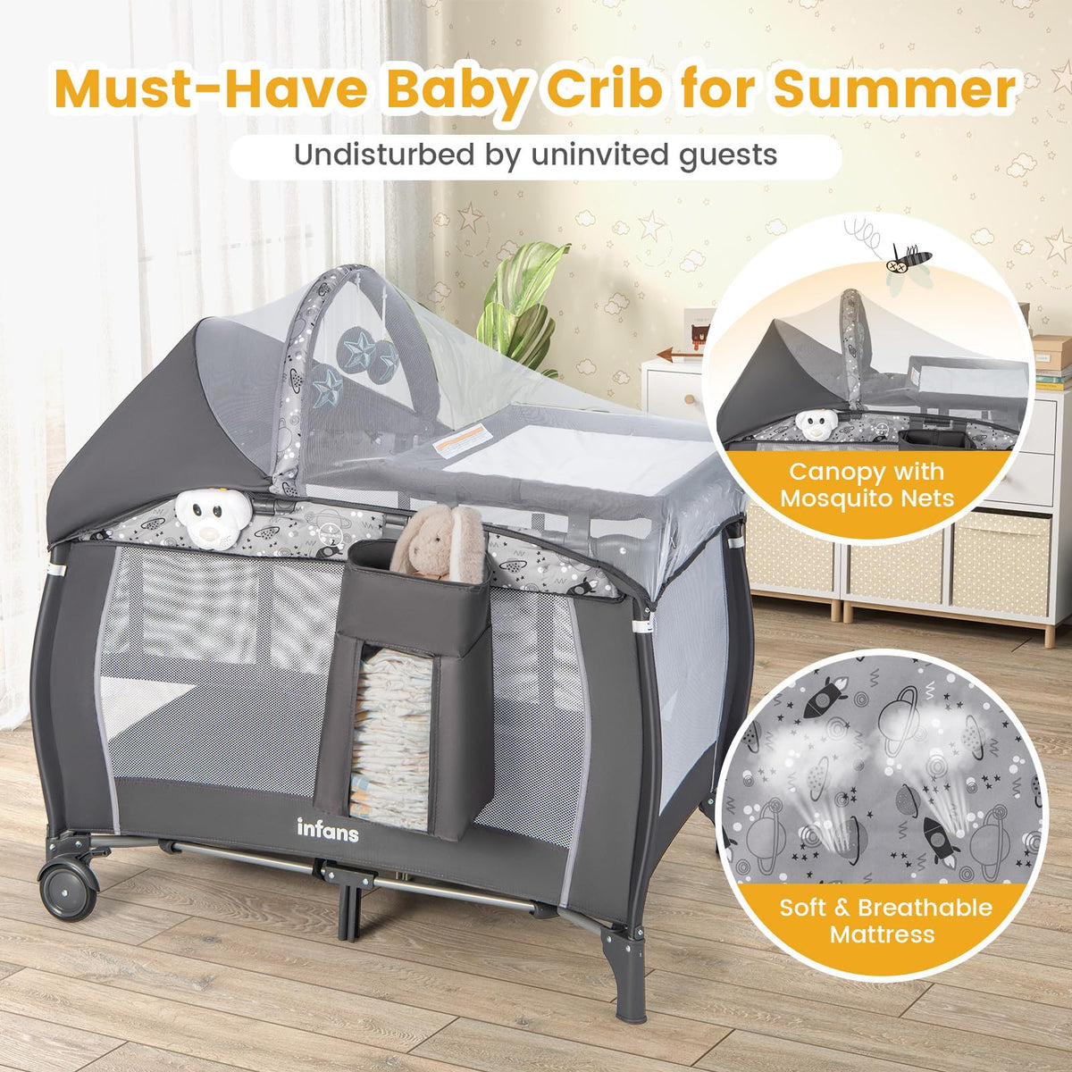 4 in 1 Pack and Play with Bassinet, Changing Table, Storage Basket I6183
