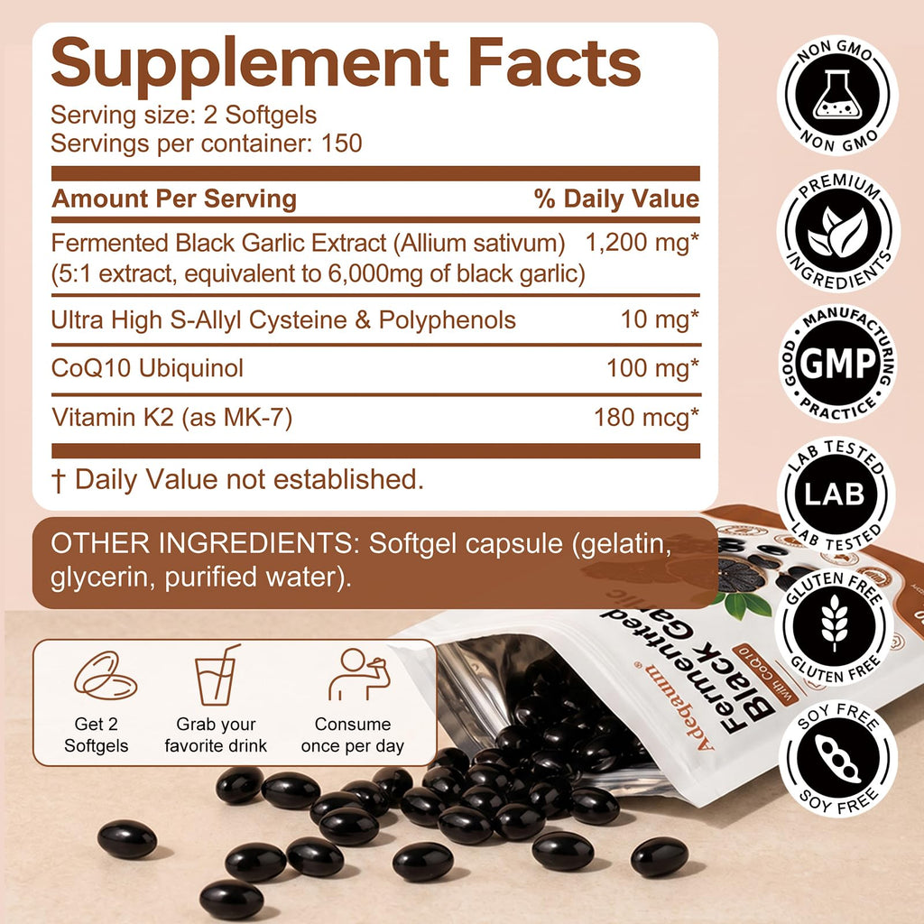 Black Aged Garlic Extract with CoQ10 Ubiquinol & Vitamin K2, 300 Softgels N862573