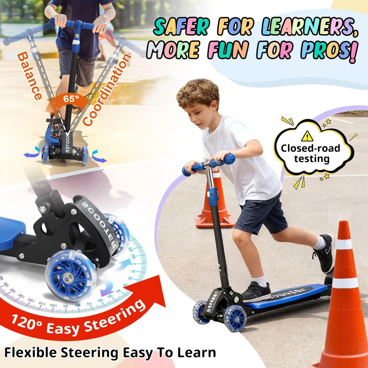 3 Wheel Kids Kick Scooter with Light-Up Wheels and Adjustable Handlebar L982