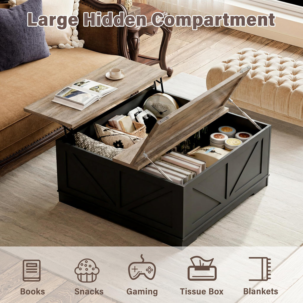 Black Lift Top Wood Coffee Table with Storage T266335