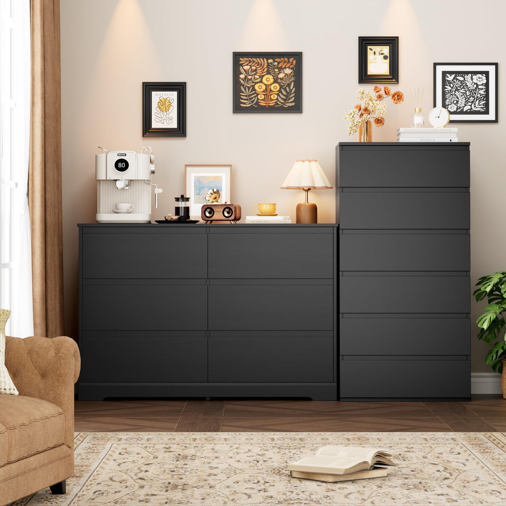 Black 6 Drawer Double Dresser D747