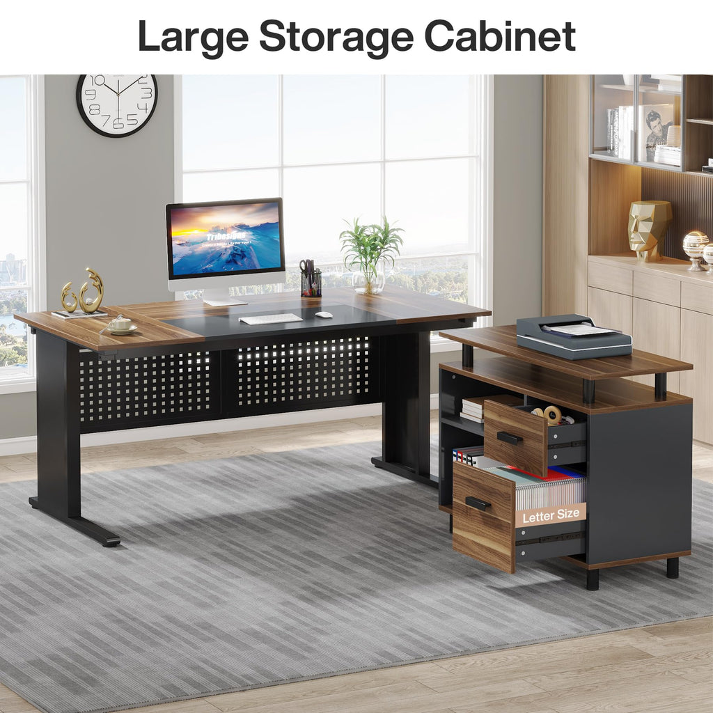 63 Inch L Shaped Computer Desk with File Cabinet and Storage Shelves N76537