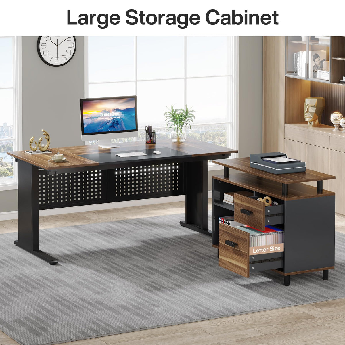 63 Inch L Shaped Computer Desk with File Cabinet and Storage Shelves N76537