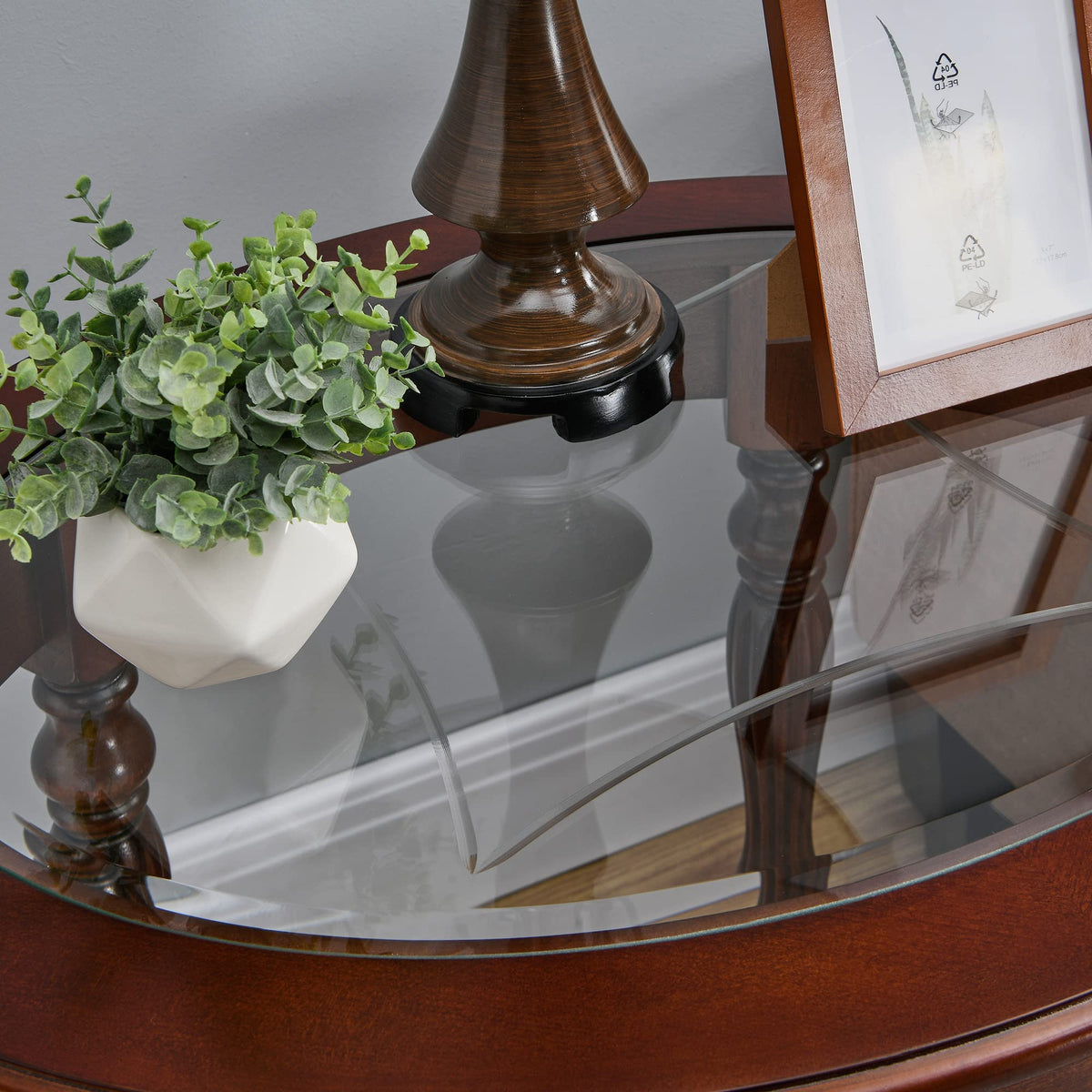 Wood Oval End Table with Glass Top B522