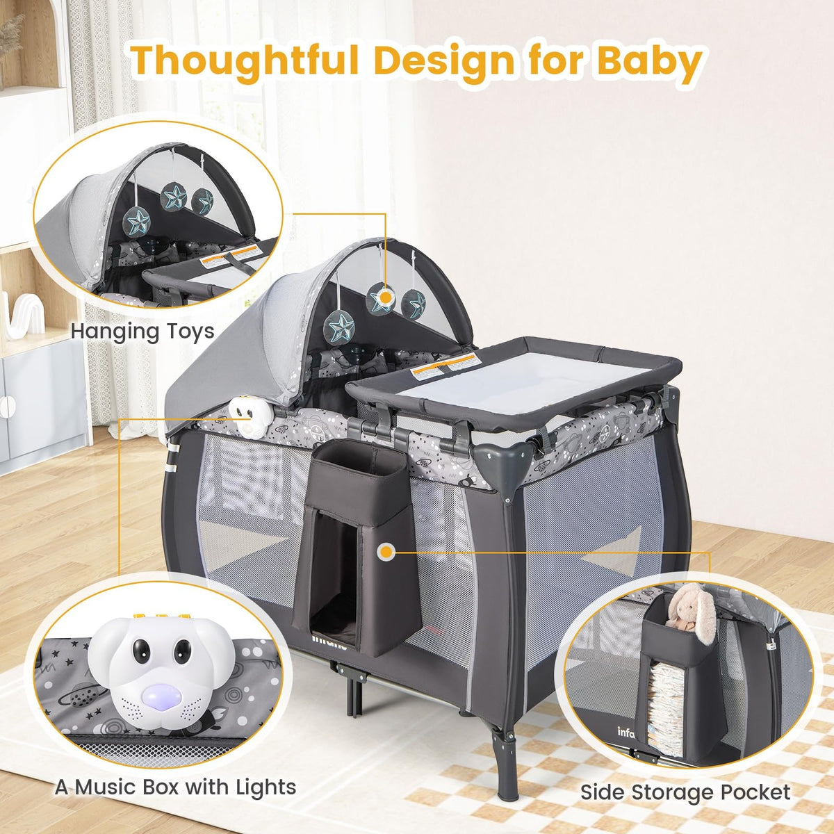 4 in 1 Pack and Play with Bassinet, Changing Table, Storage Basket I6183