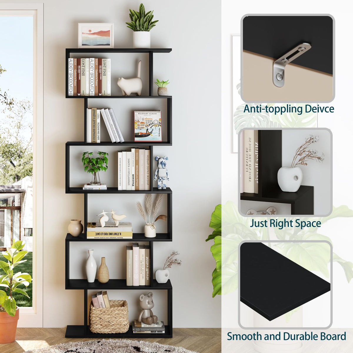 6-Tier Geometric S Shaped Wood Bookshelf D6951