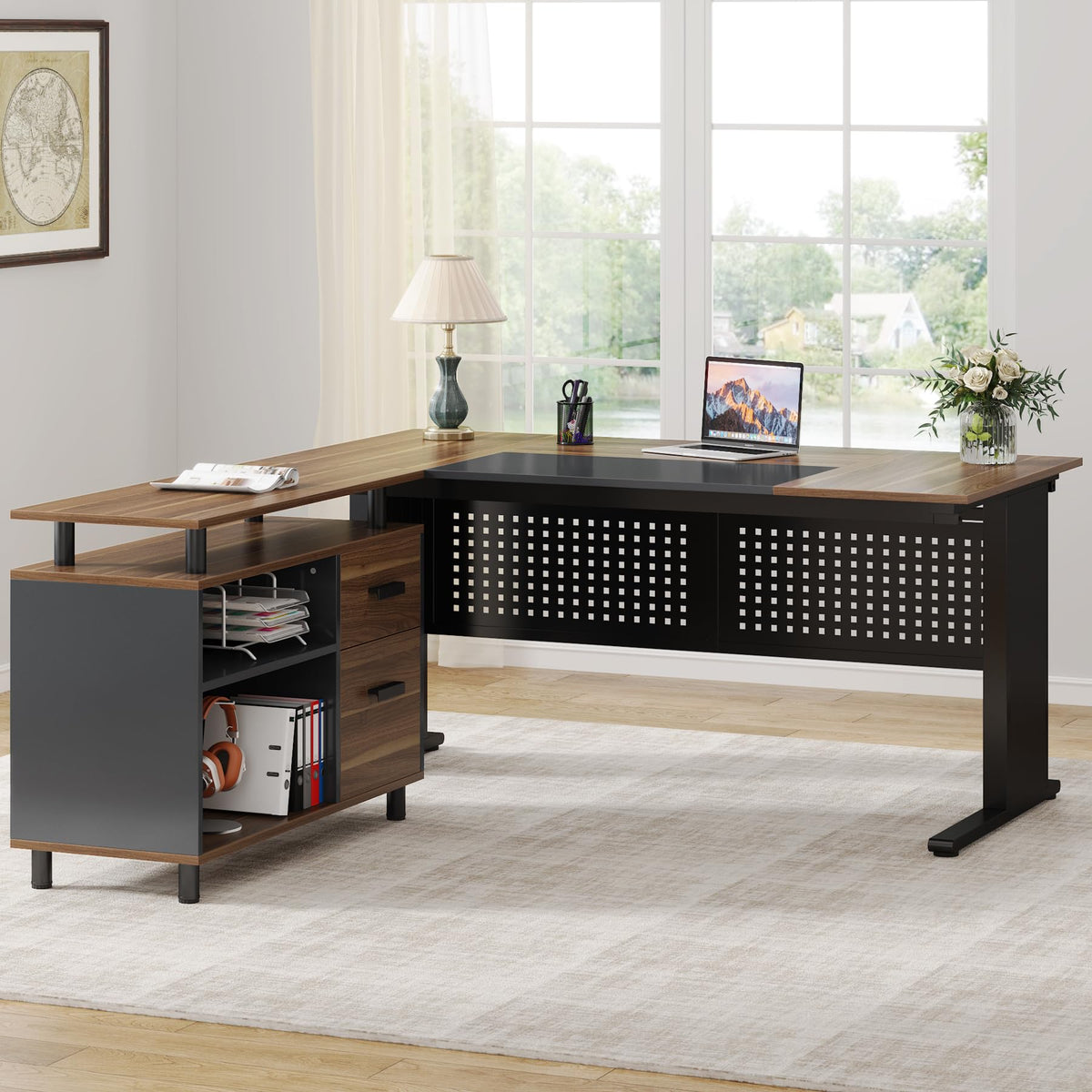 63 Inch L Shaped Computer Desk with File Cabinet and Storage Shelves N76537