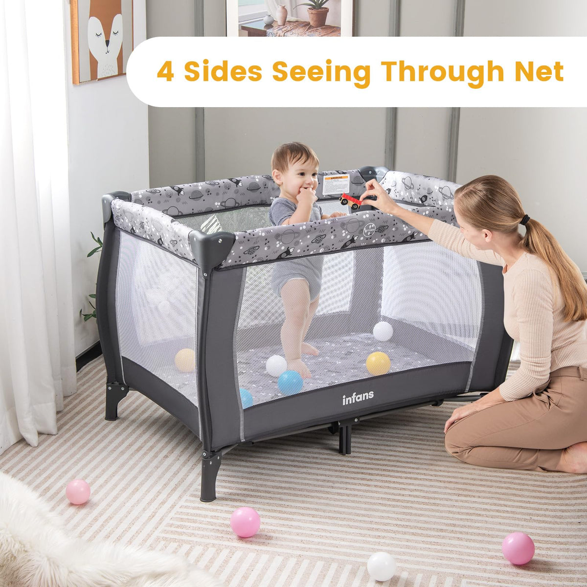 4 in 1 Pack and Play with Bassinet, Changing Table, Storage Basket I6183