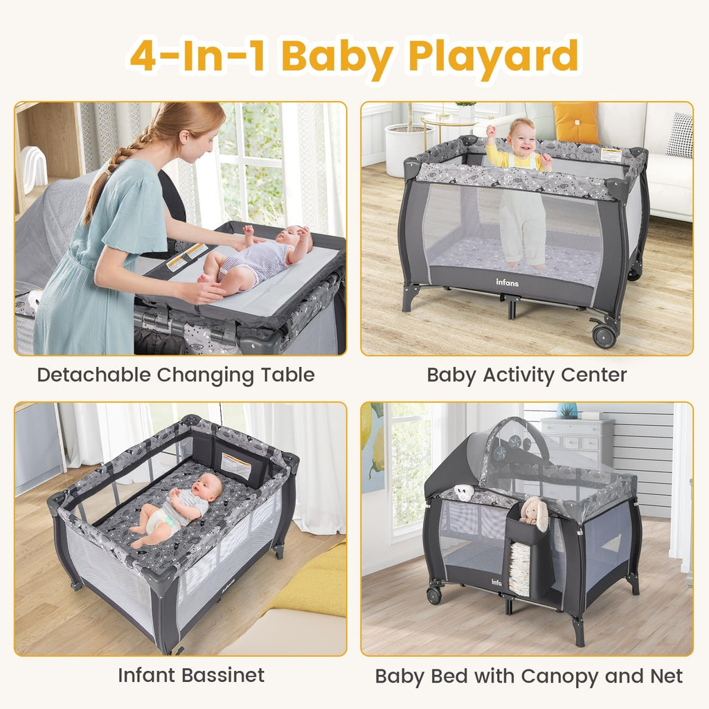 4 in 1 Pack and Play with Bassinet, Changing Table, Storage Basket I6183