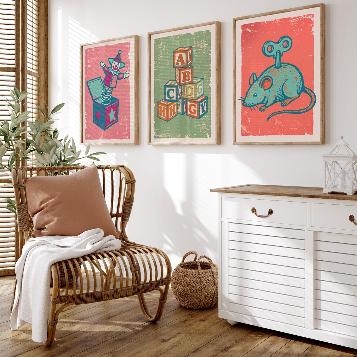 Art Prints Set of 3 Retro Linocut Style R416