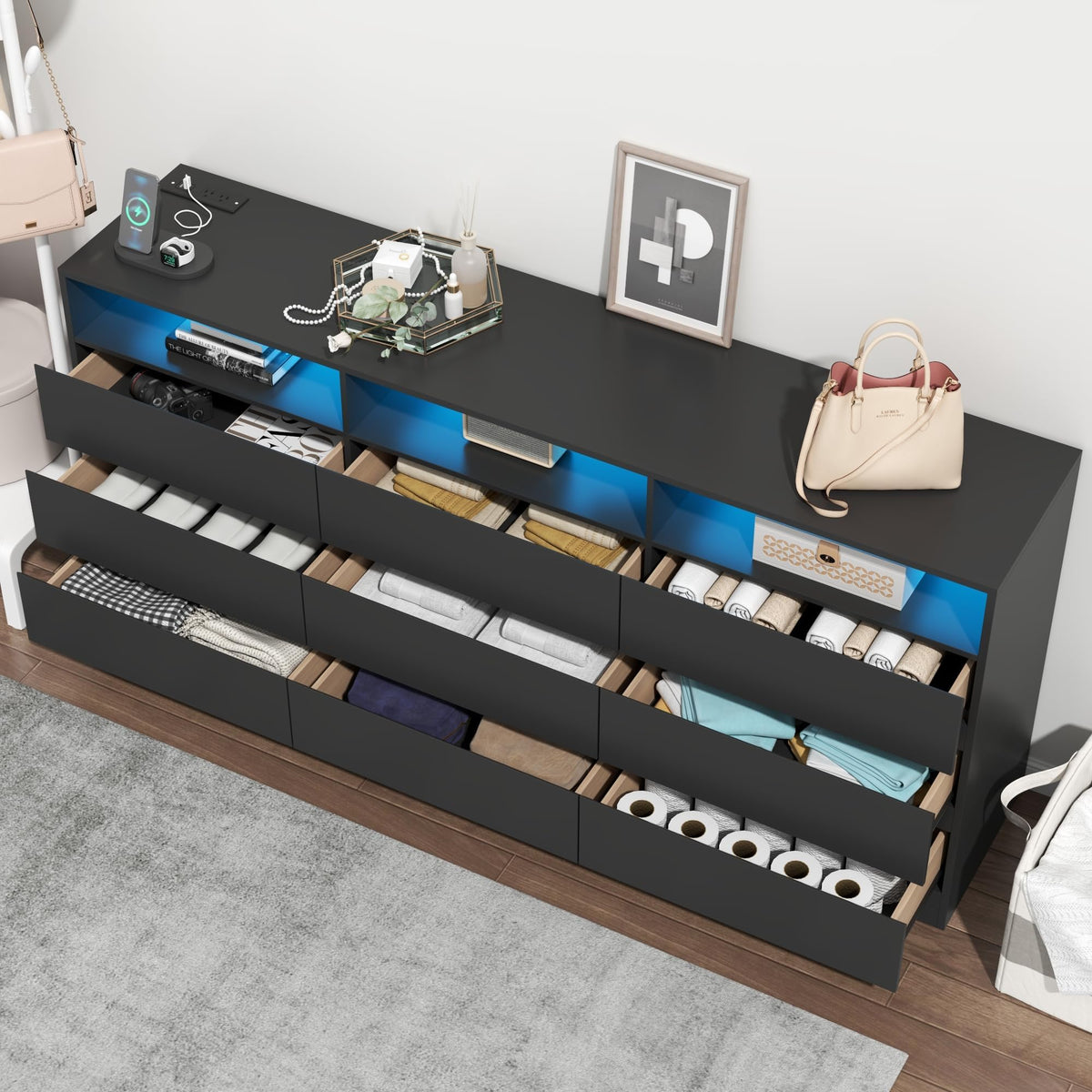 Black 9 Drawer Dresser with LED Lights & Power Outlet R5176