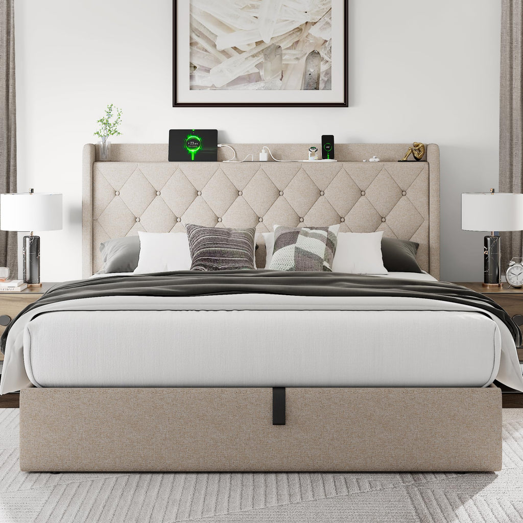 Queen Size Lift Up Storage Upholstered Bed Frame with Charging Station K68663