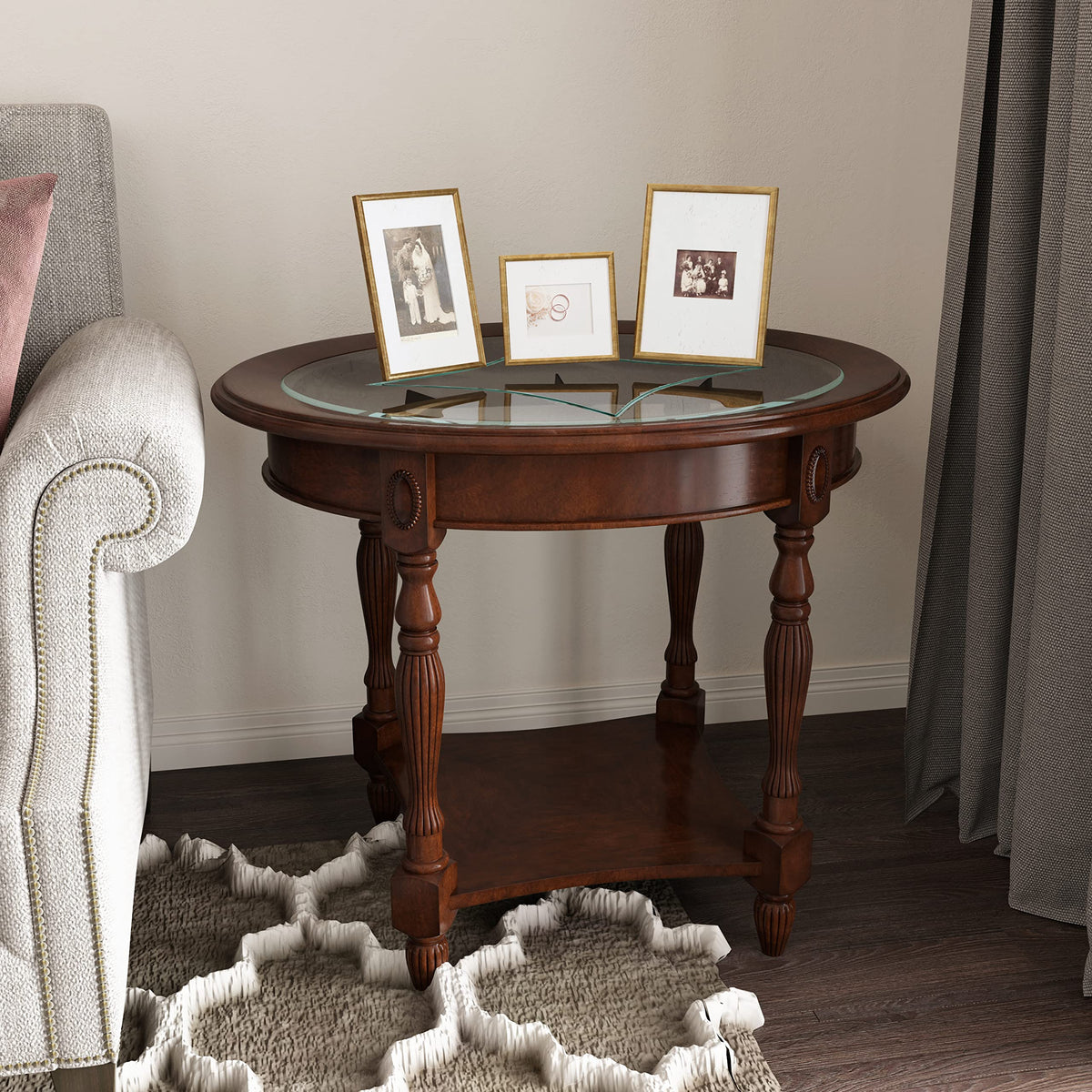 Wood Oval End Table with Glass Top B522