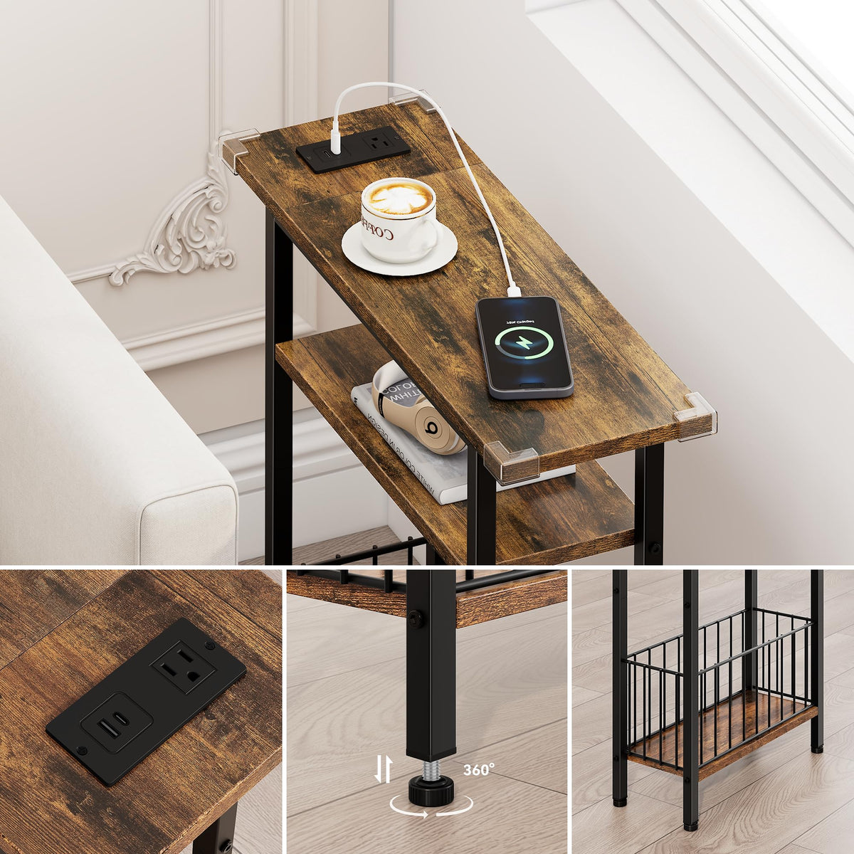 Narrow 3-Tier Side Table with Charging Station G57489