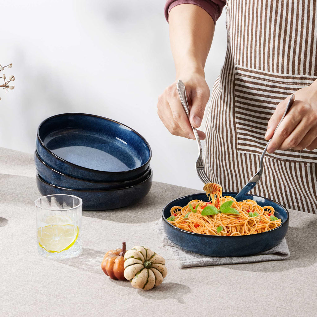 Stoneware Pasta Bowls Set of 4, 35oz Ceramic Bowls, Sapphire Blue V77626