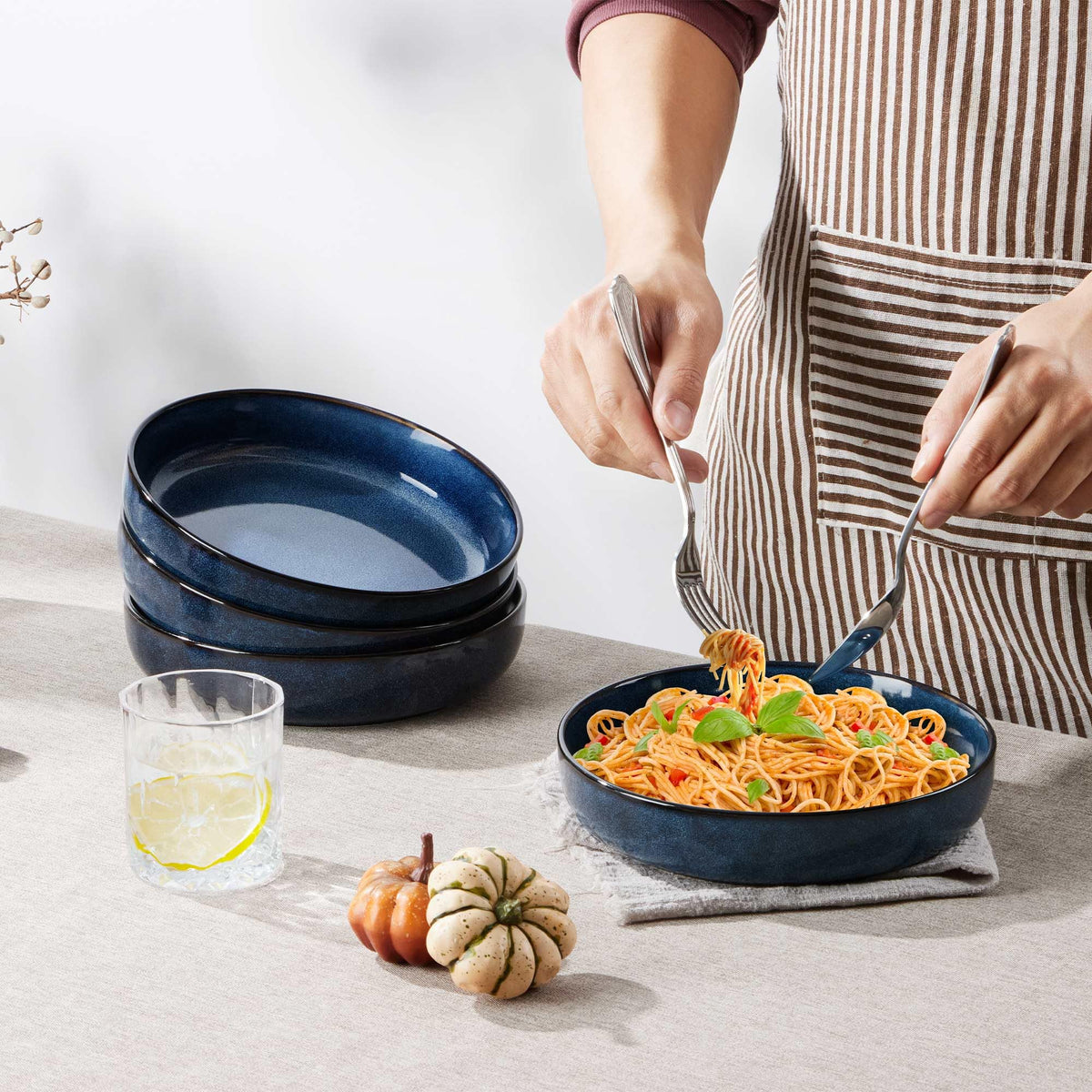 Stoneware Pasta Bowls Set of 4, 35oz Ceramic Bowls, Sapphire Blue V77626