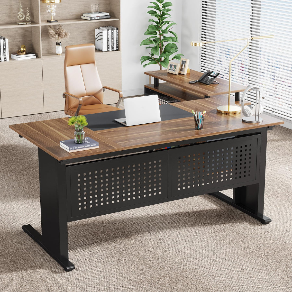 63 Inch L Shaped Computer Desk with File Cabinet and Storage Shelves N76537