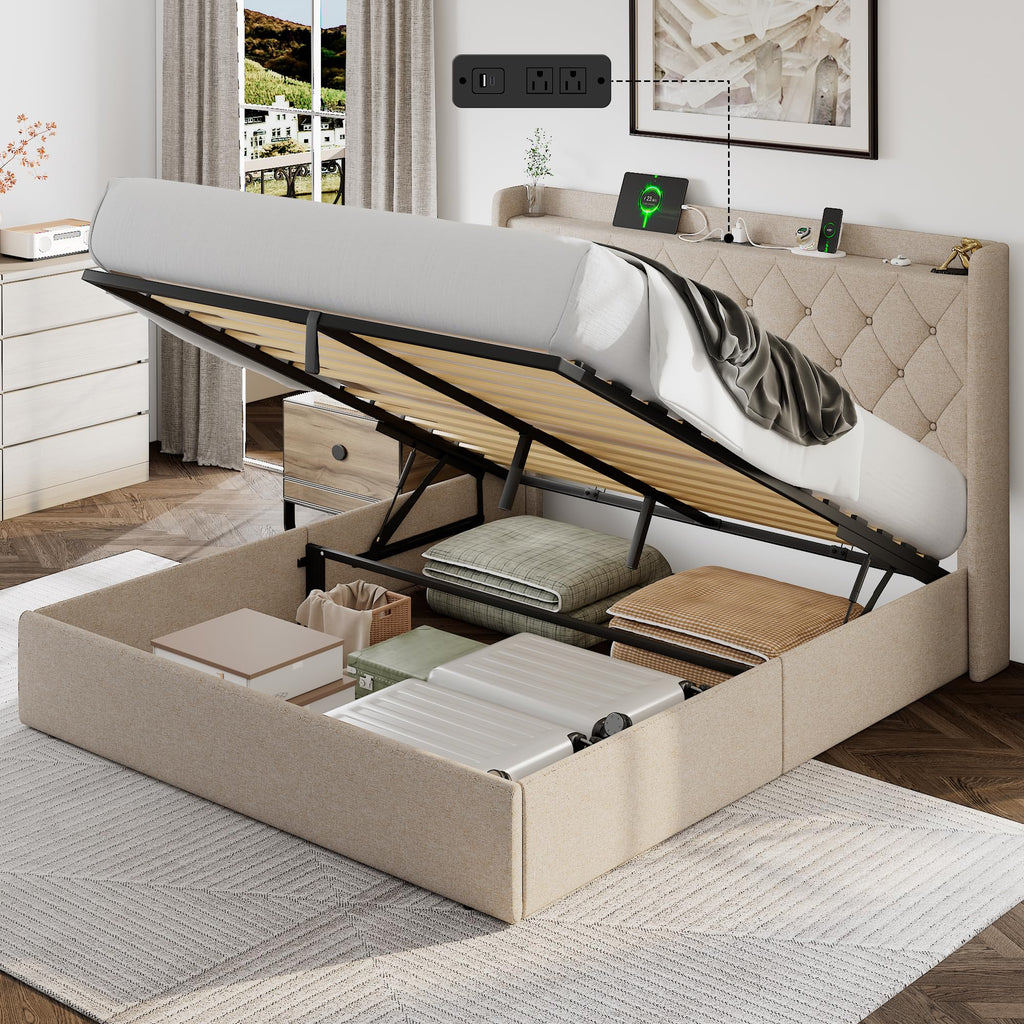 Queen Size Lift Up Storage Upholstered Bed Frame with Charging Station K68663