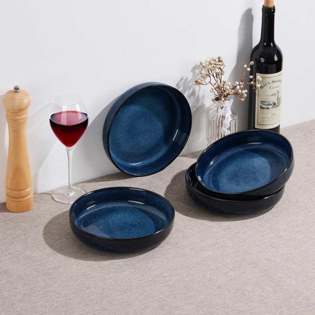Stoneware Pasta Bowls Set of 4, 35oz Ceramic Bowls, Sapphire Blue V77626