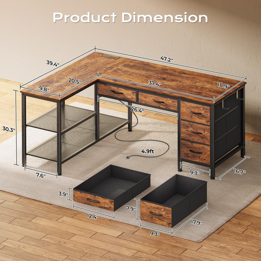 47 Inch L Shaped Desk with Power Outlets T810938