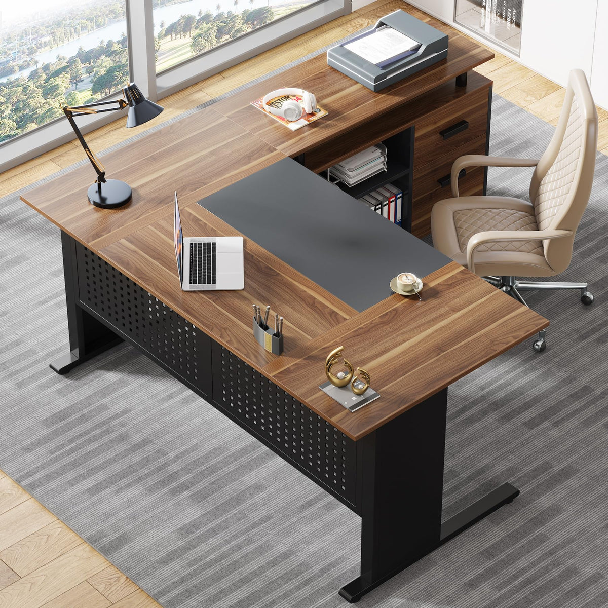 63 Inch L Shaped Computer Desk with File Cabinet and Storage Shelves N76537