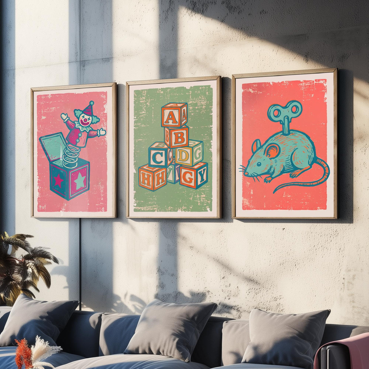 Art Prints Set of 3 Retro Linocut Style R416
