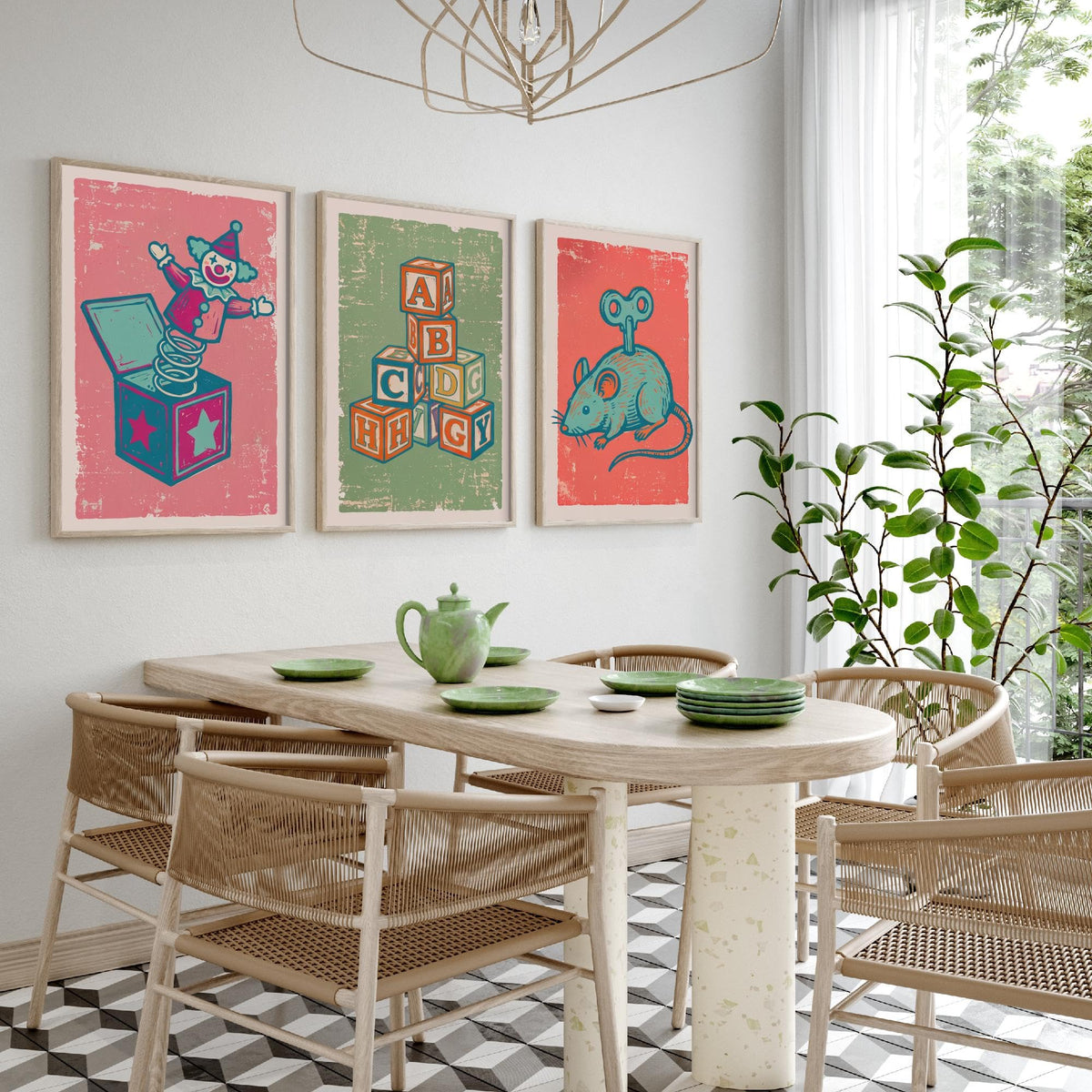 Art Prints Set of 3 Retro Linocut Style R416