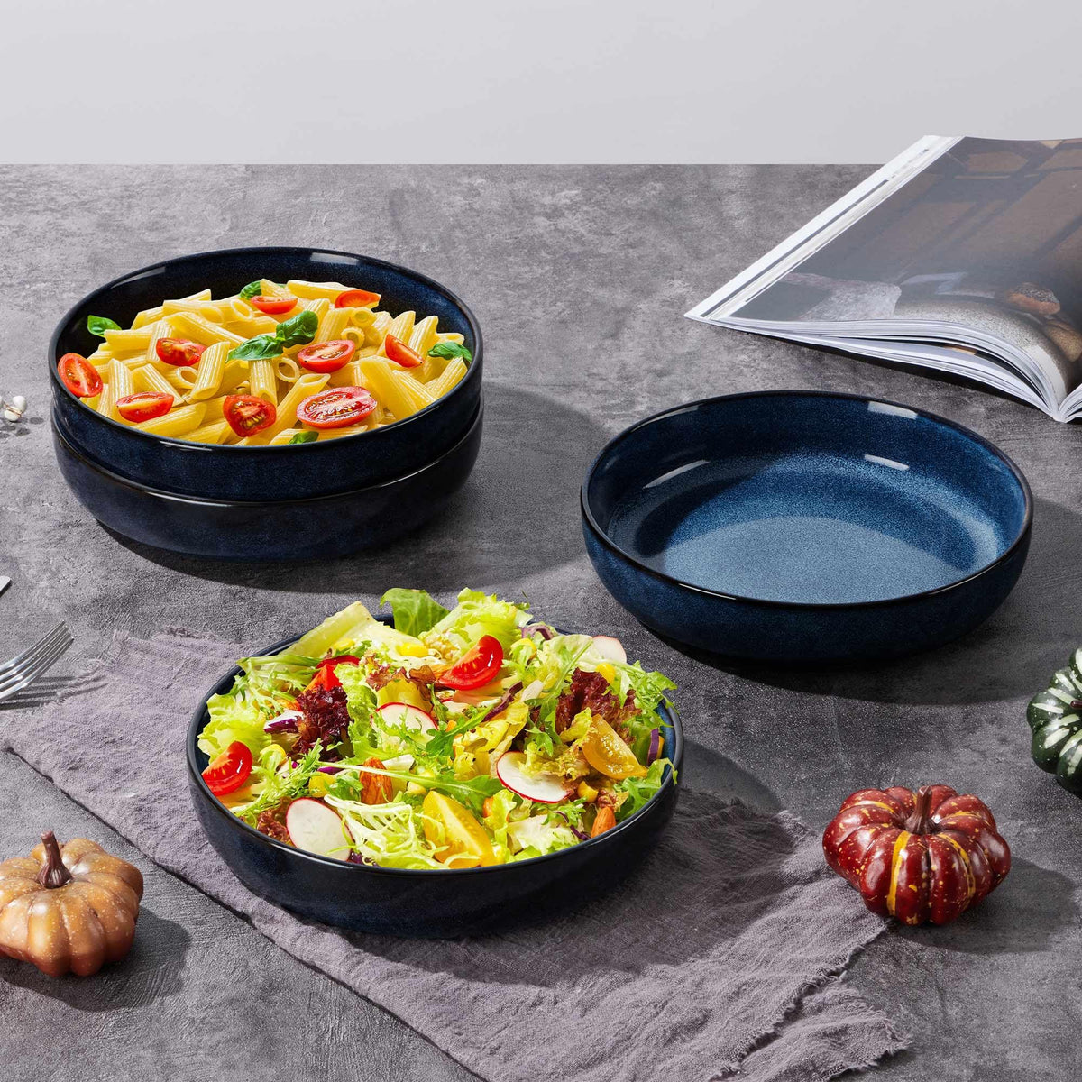 Stoneware Pasta Bowls Set of 4, 35oz Ceramic Bowls, Sapphire Blue V77626