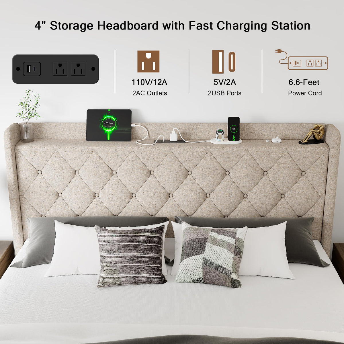 Queen Size Lift Up Storage Upholstered Bed Frame with Charging Station K68663